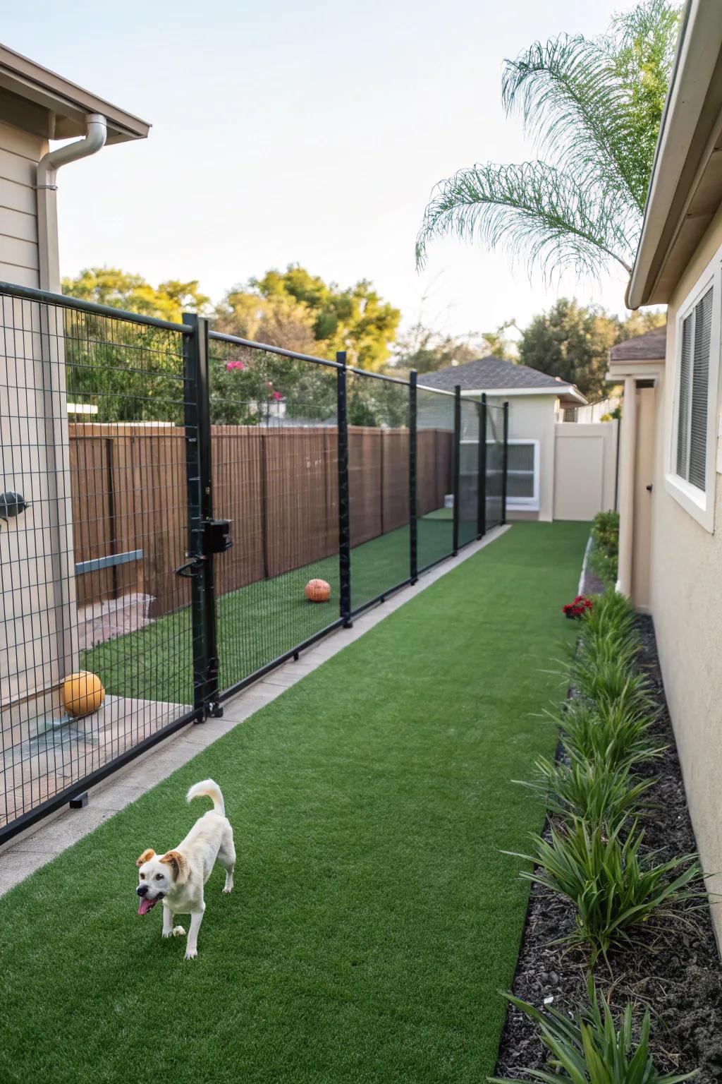 Synthetic turf ensures your dog's recreation space is verdant and clear of mud.