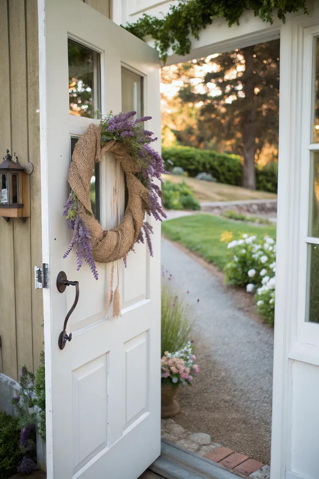Bring countryside charm with a burlap wreath and lavender.