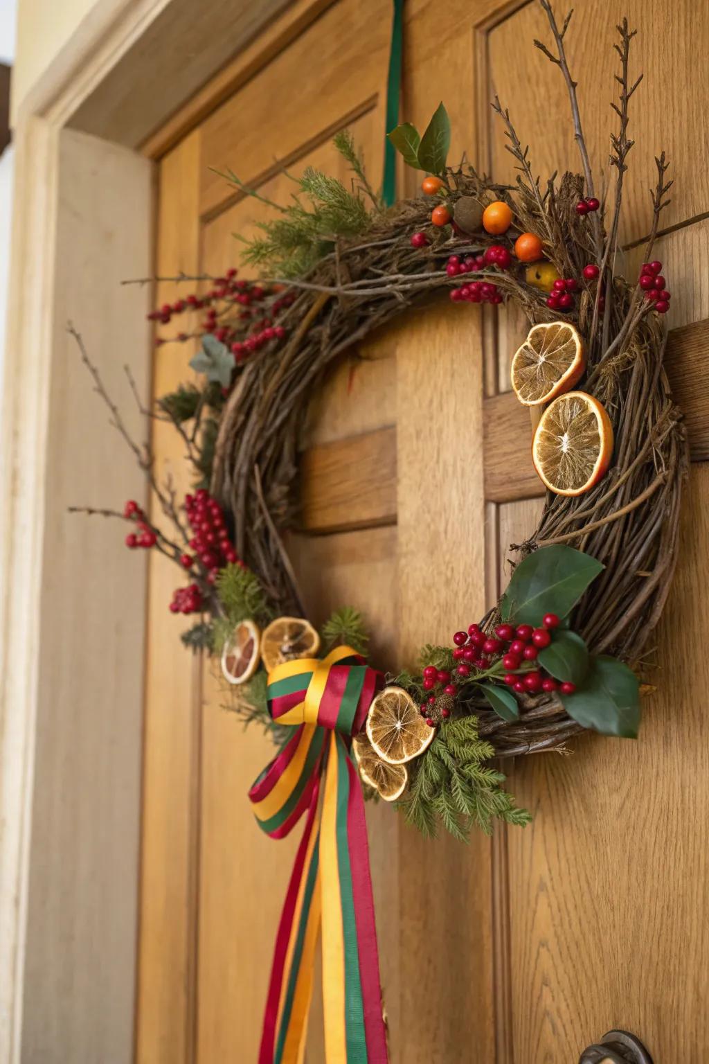 An earthy wreath lends a natural elegance to your entrance.