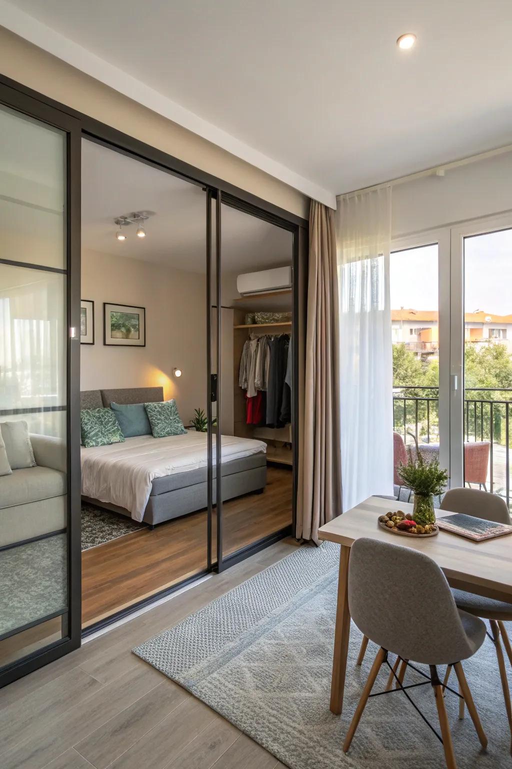 Glass sliding doors offer a sophisticated separation between the bedroom and living areas, while still allowing light to fill the space.