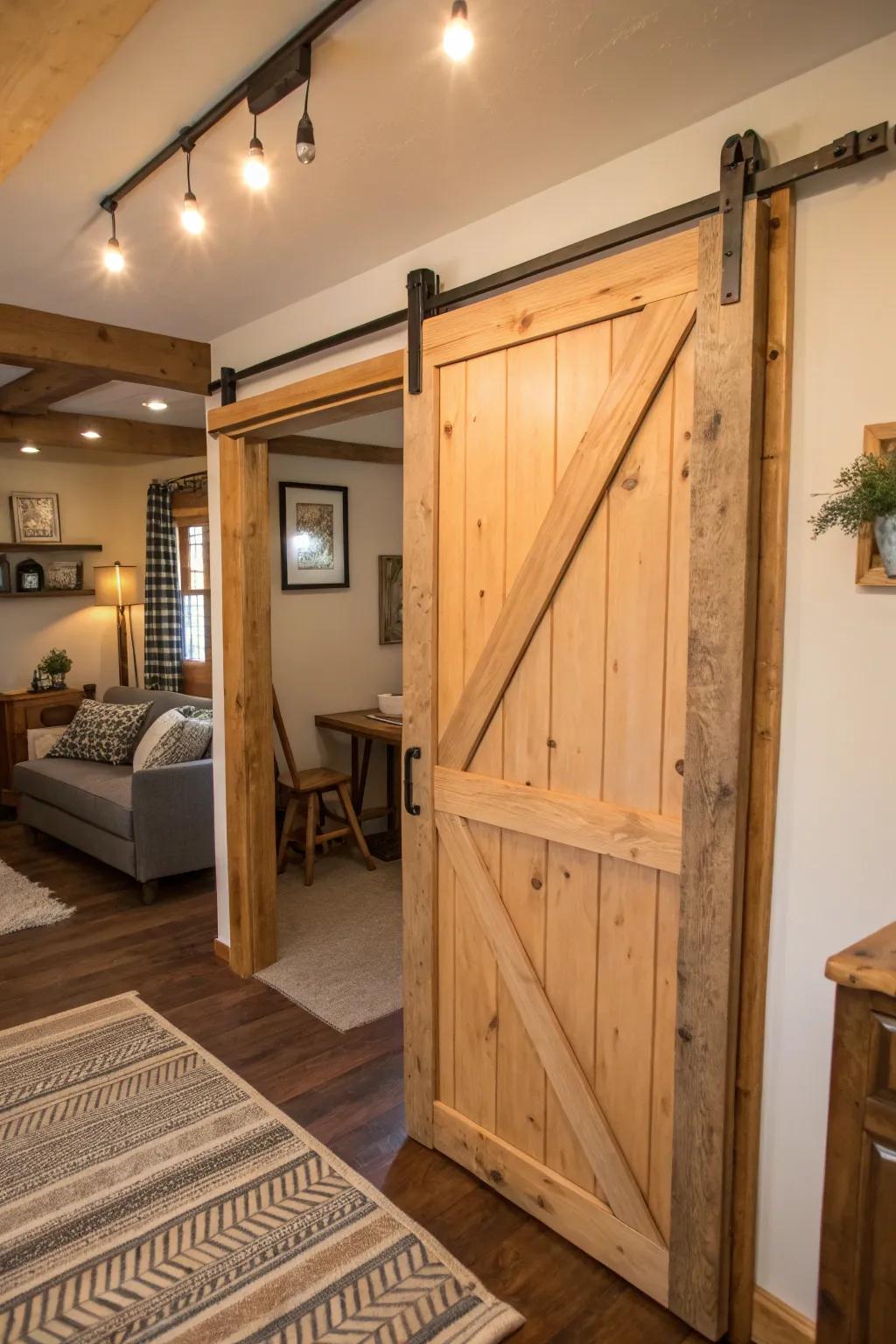 Sliding barn doors bring a touch of rustic elegance while optimizing space.