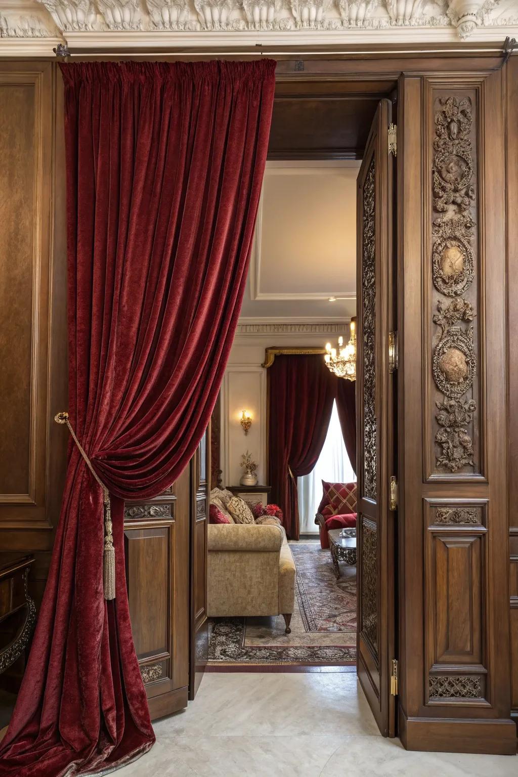 A sumptuous velvet drape enhances the luxury of a living area.