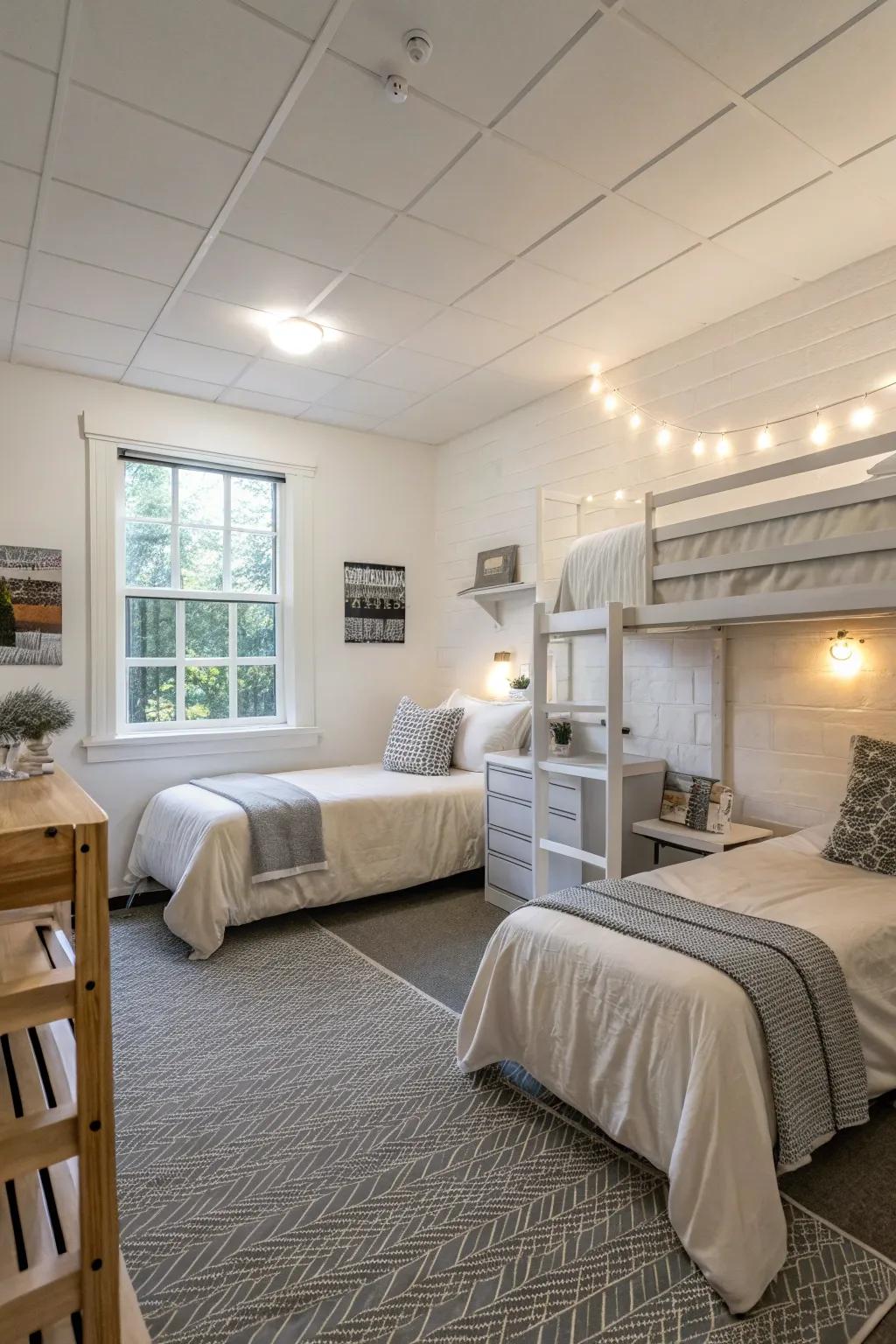Neutral shades create an open and tranquil feel in a small dorm room.