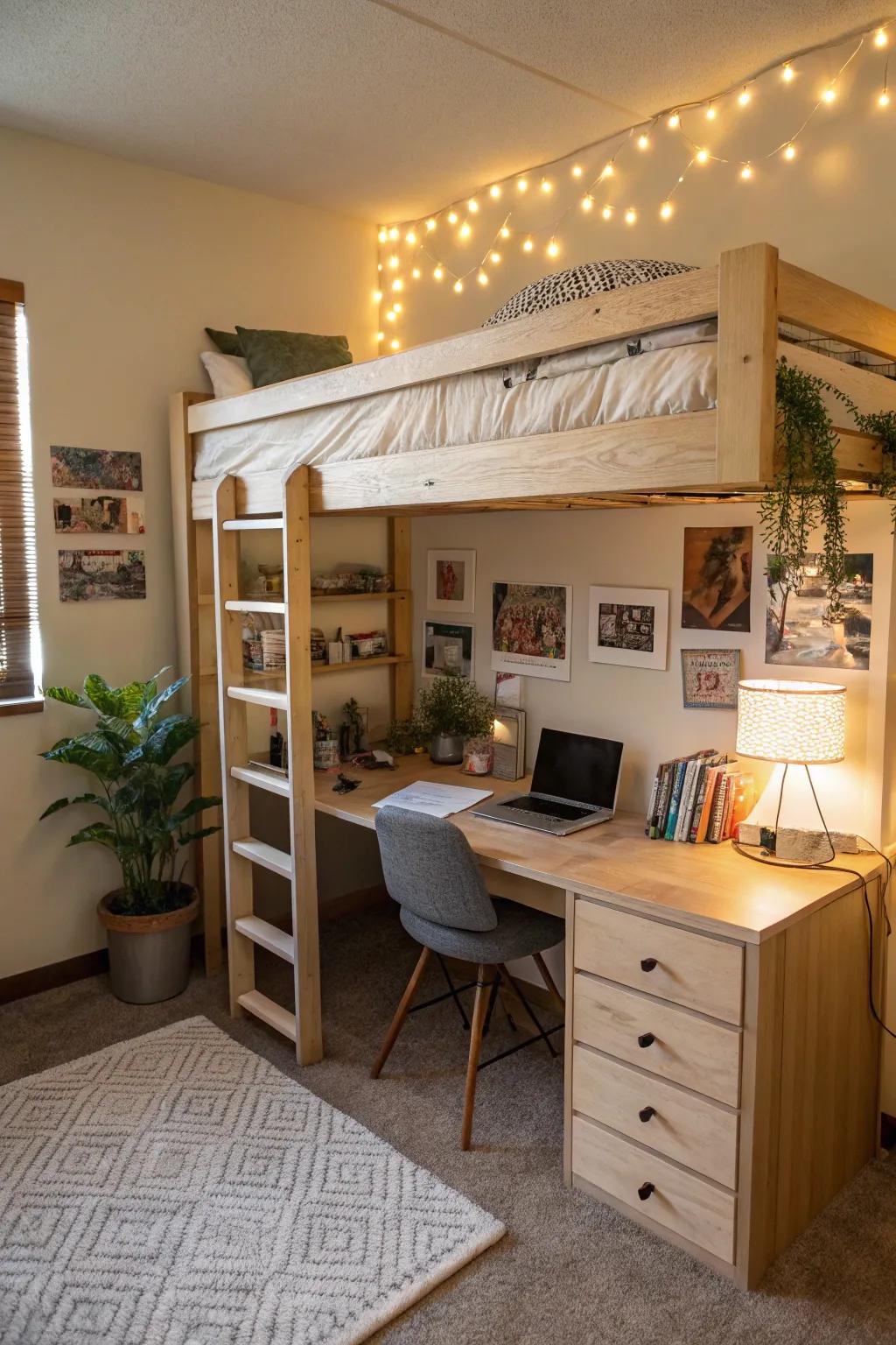 An elevated bed offers space for a study area below.