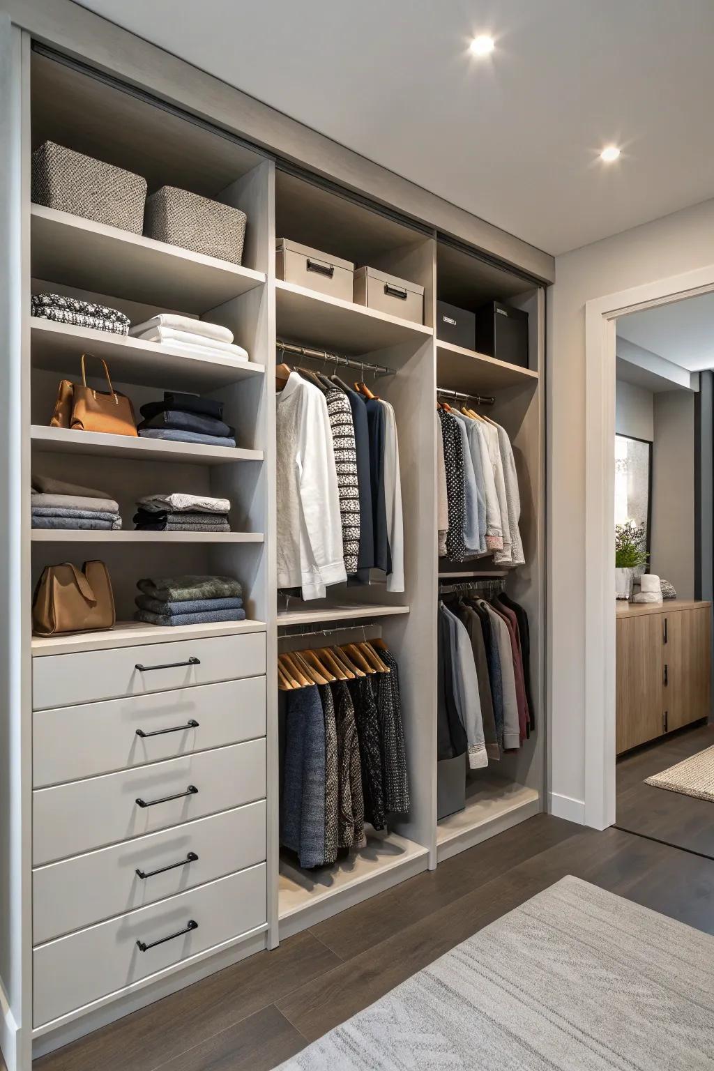 An optimal blend of accessible shelving and hanging capacity is showcased in this well-organized double closet.