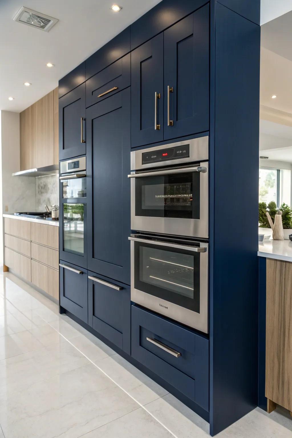 A vertical dual oven cabinet finished in a sophisticated navy blue, adding both depth and style.