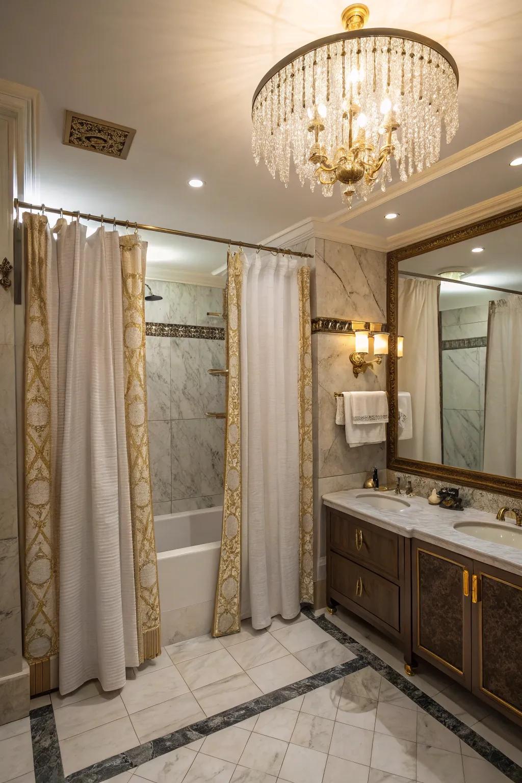 Layered shower curtains combined with lavish accents fashion a spa-inspired ambiance.