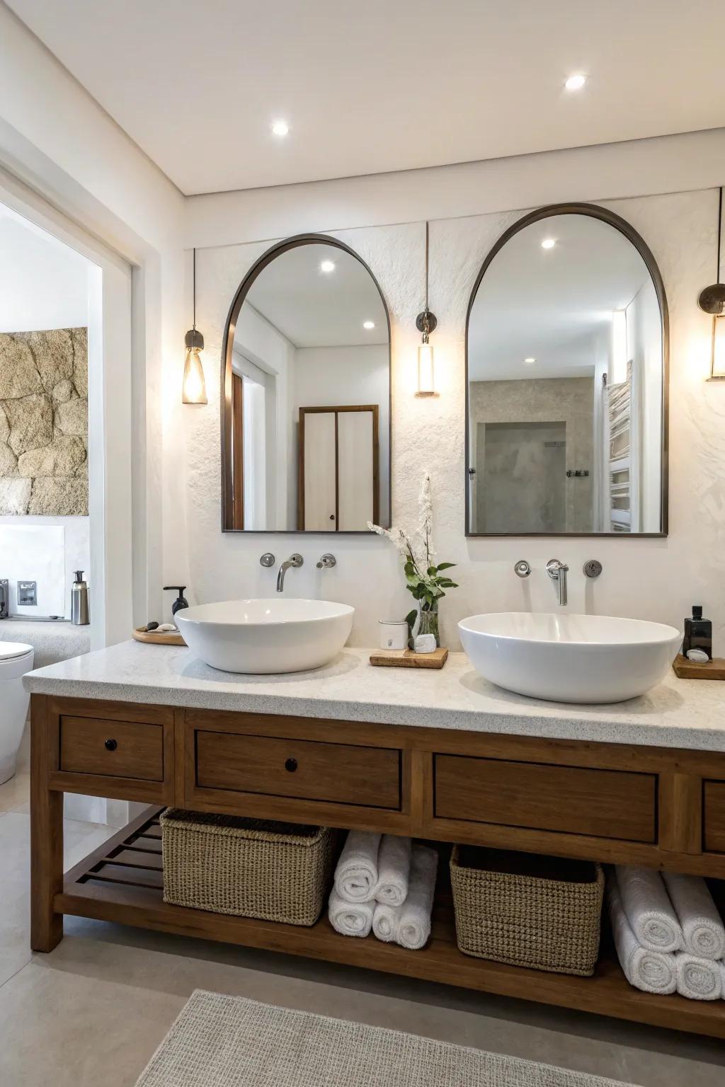 A contemporary minimalist bathroom showcasing stylish double sinks and understated hardware.