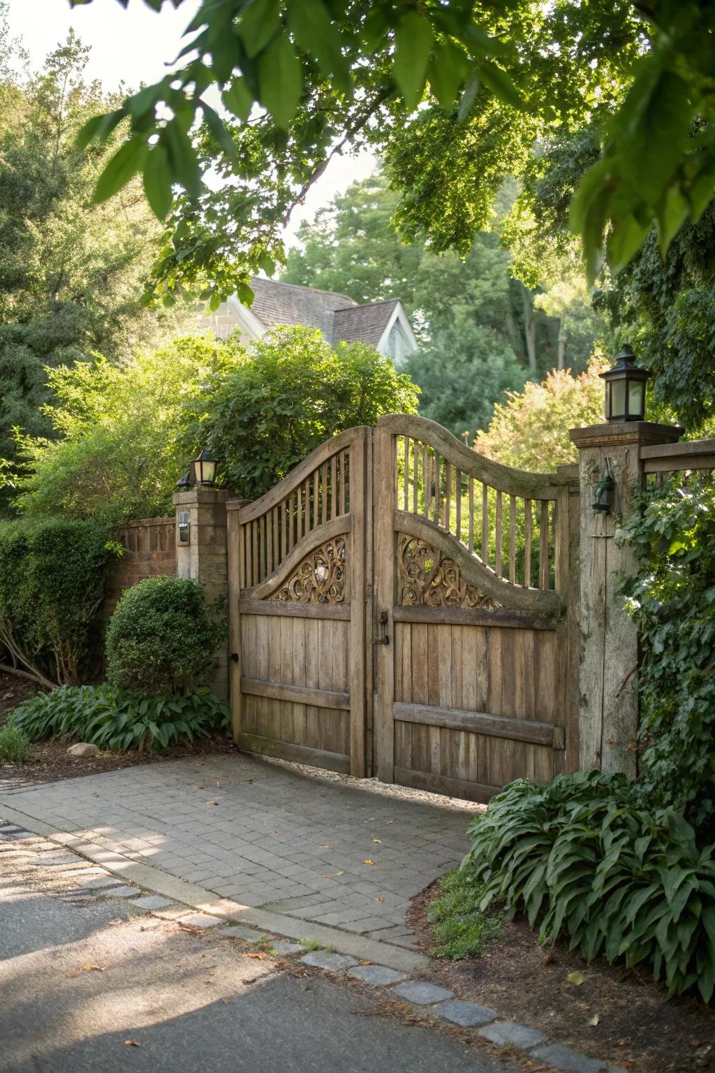 A classic wooden double swing gate nestled in a vibrant residential setting.