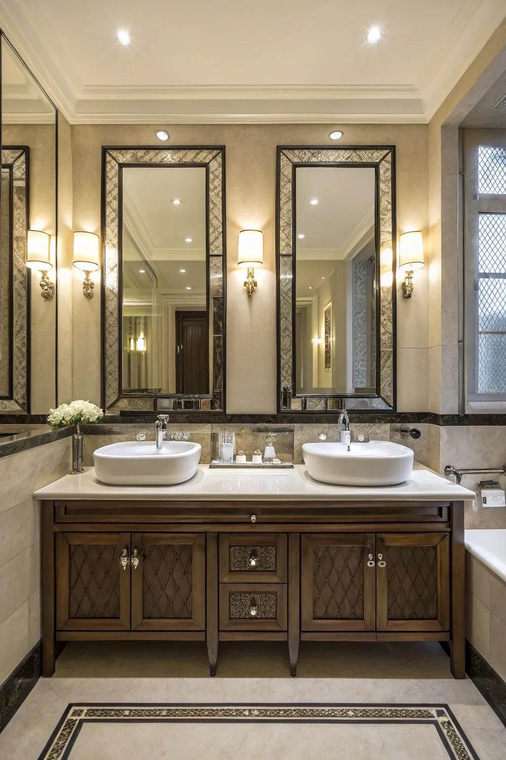 A symmetrical double vanity arrangement with harmonizing components.