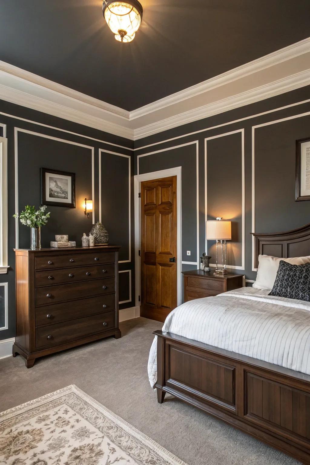 Walls in deep charcoal craft an air of refinement within this captivating bedroom.