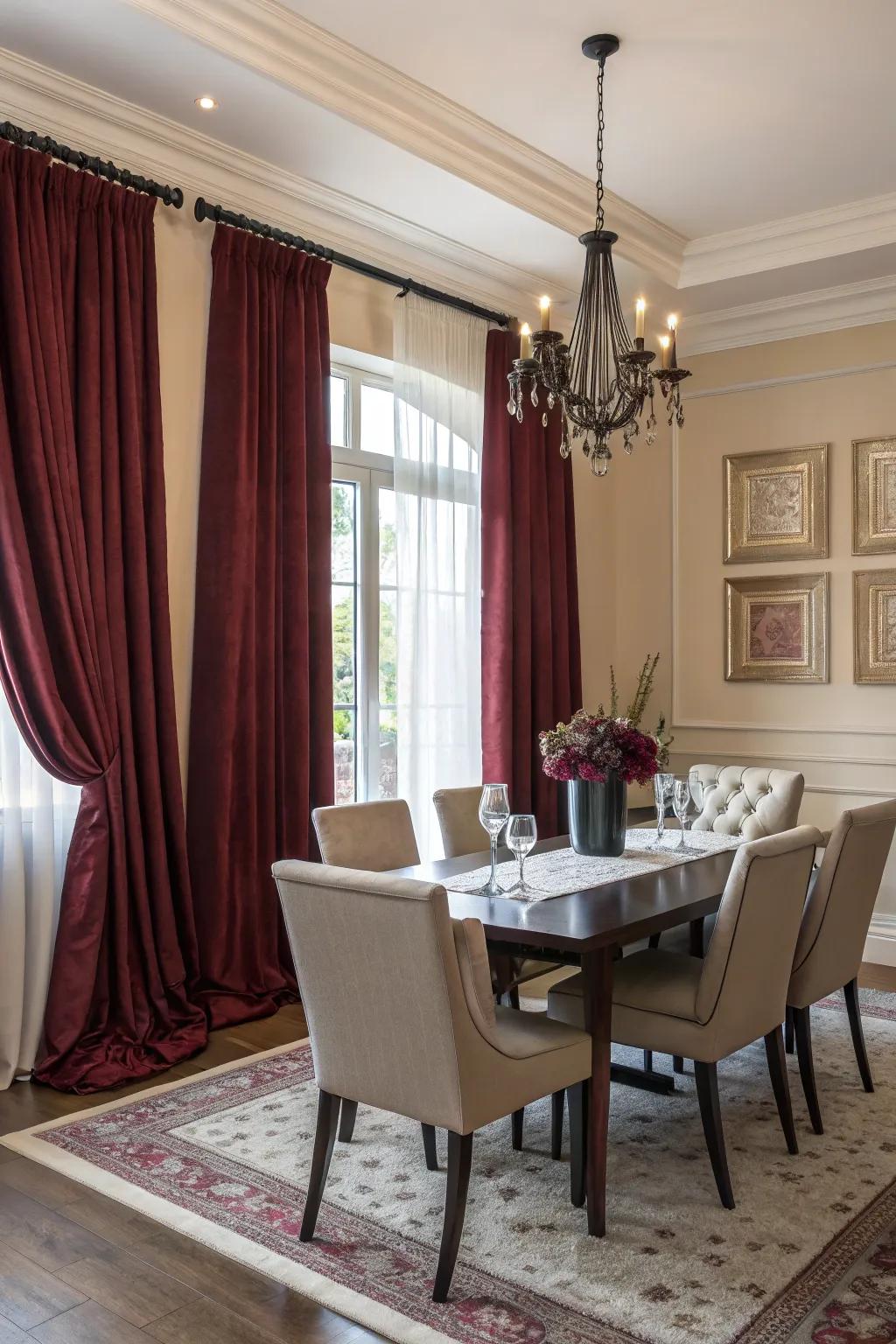 A dining room showcased with lively burgundy drapes, creating a splash of color and elegance.