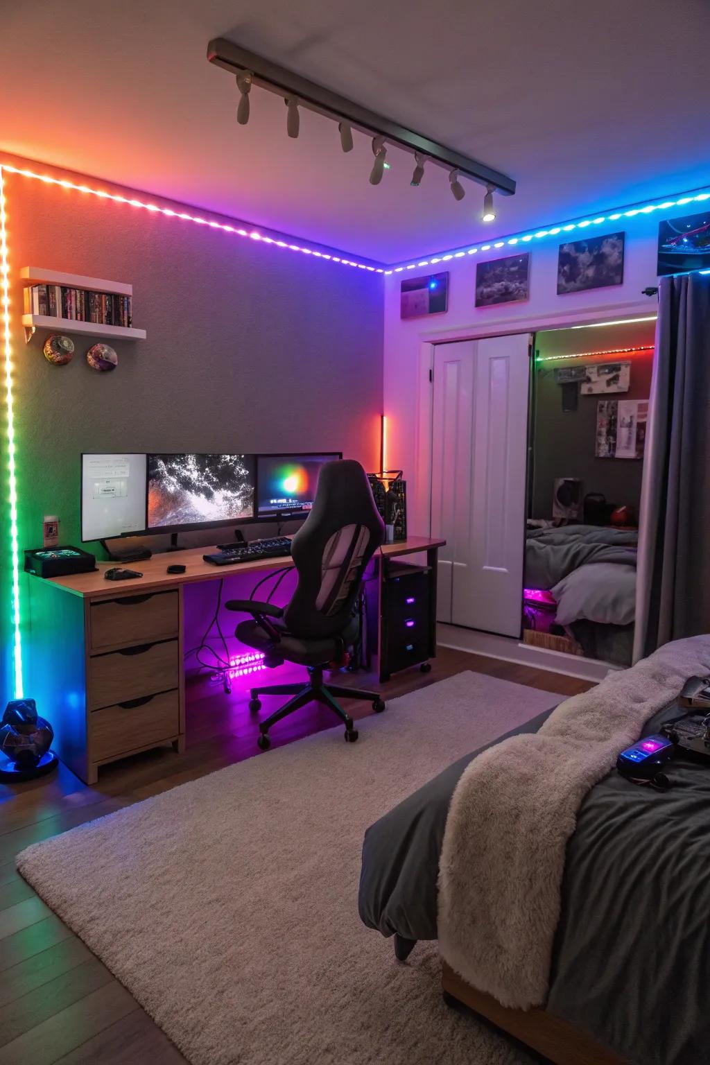 LED strips bestow a captivating radiance to any gamer's bedroom.