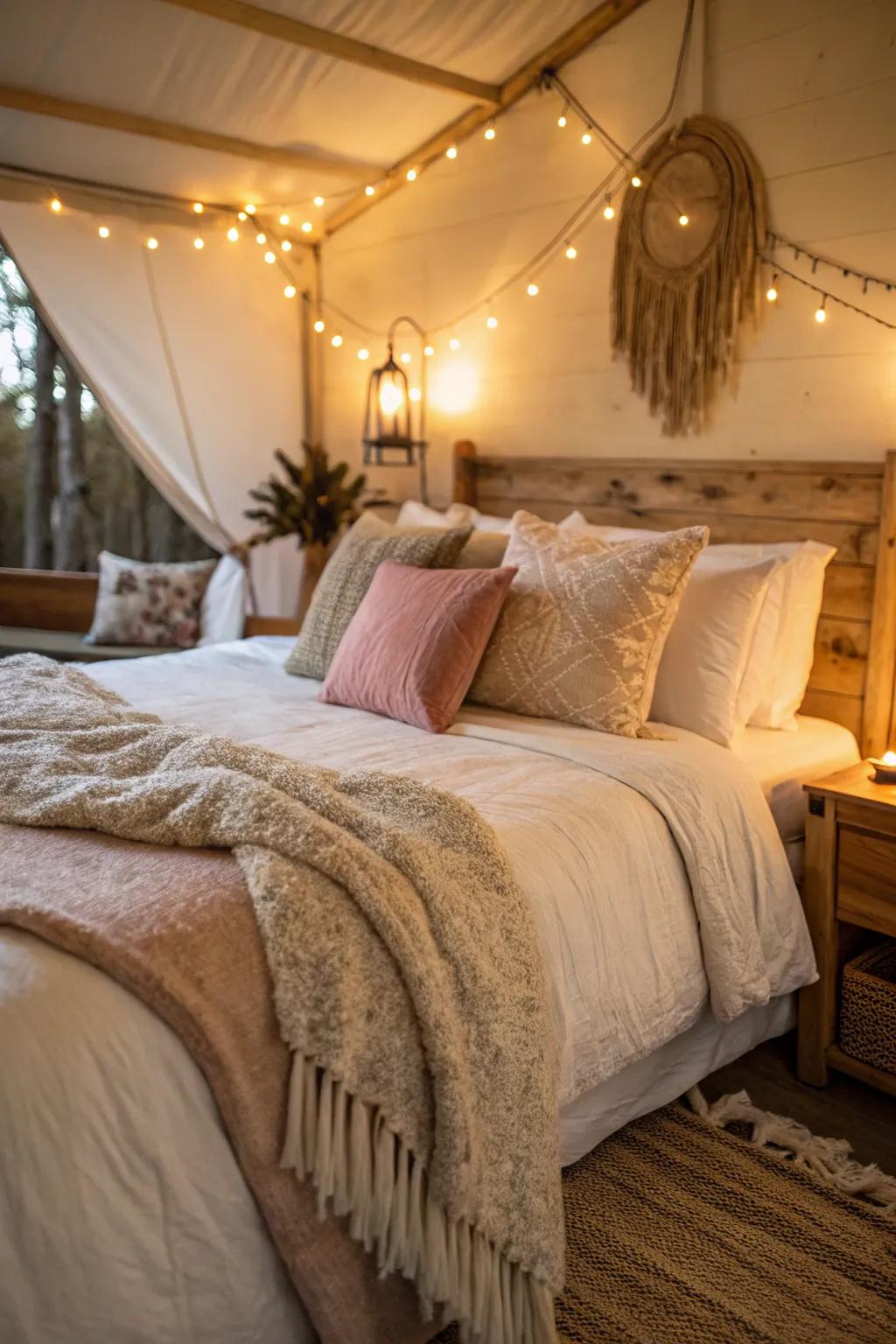 A serene bedroom featuring plush cushions and a soft throw, exuding an inviting aura.