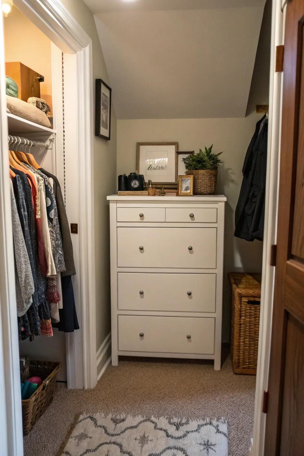 A streamlined dresser nestled in a bedroom corner, providing plenty of storage while using minimal space.