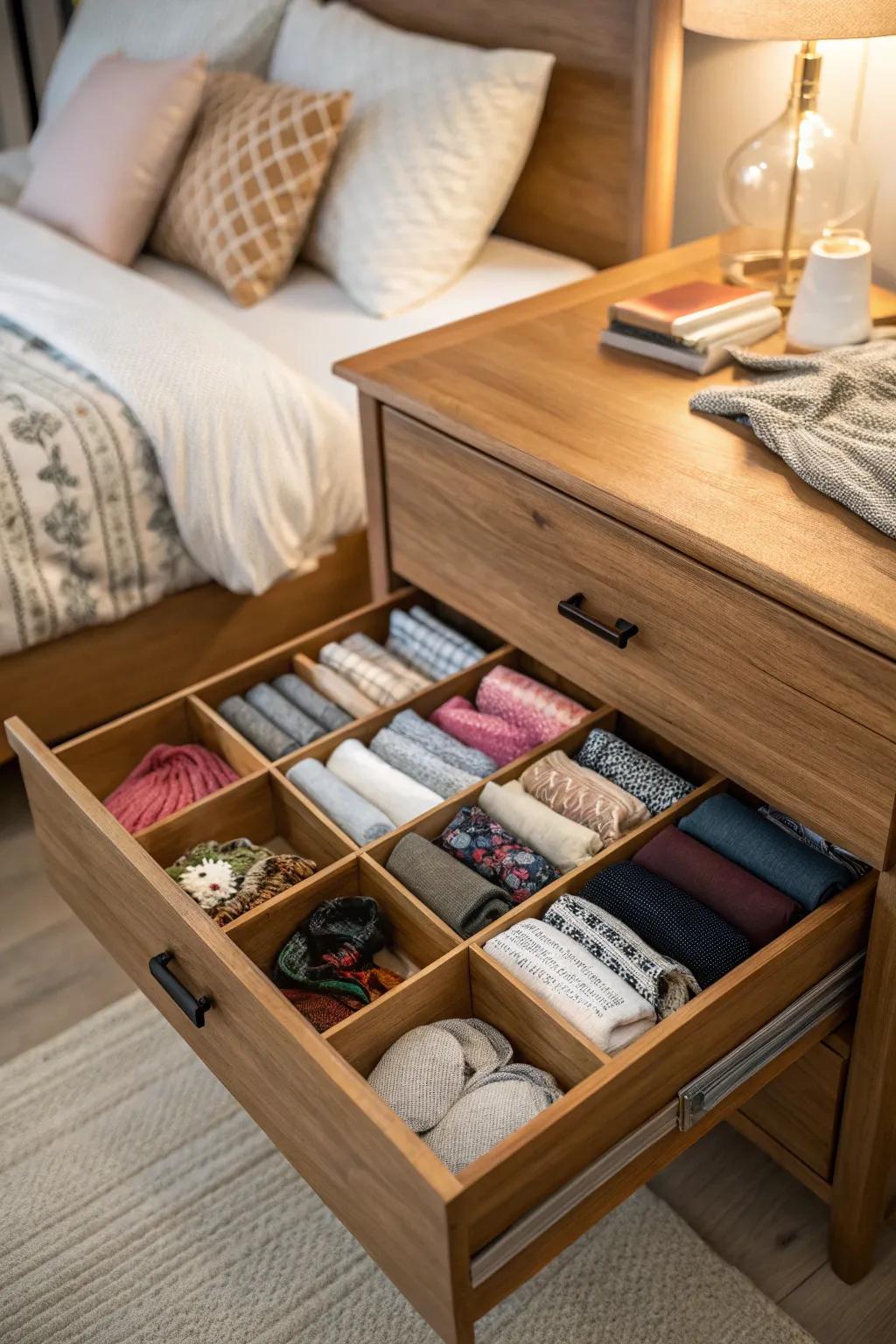 Drawer dividers neatly organizing socks and accessories.