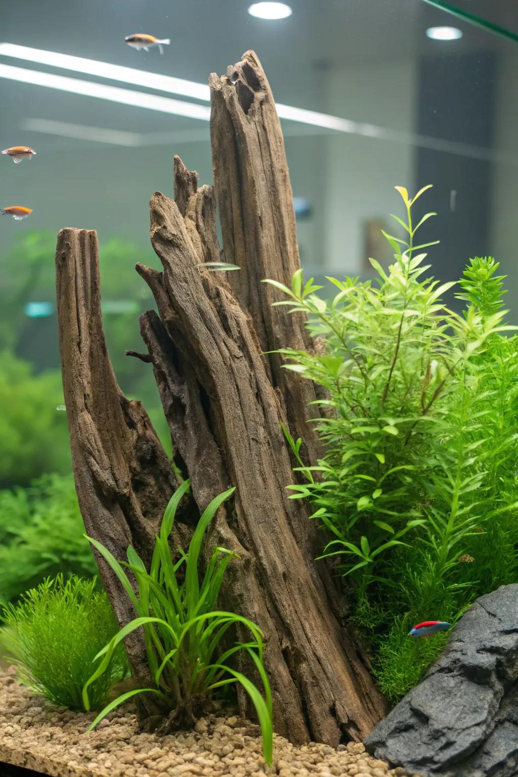 A waterscape transformed into a vibrant submerged forest with upright aquatic wood.