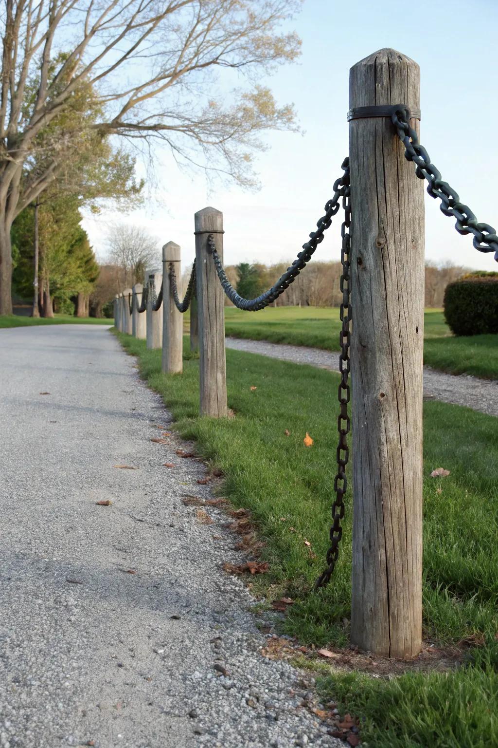 Traditional timber posts paired with a dark chain for a rustic impression.