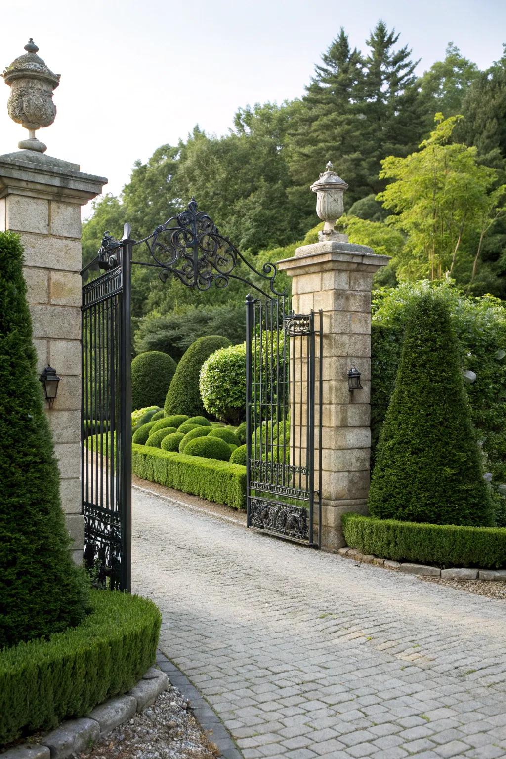 A quintessential metal gate establishes an elegant yet secure welcome.