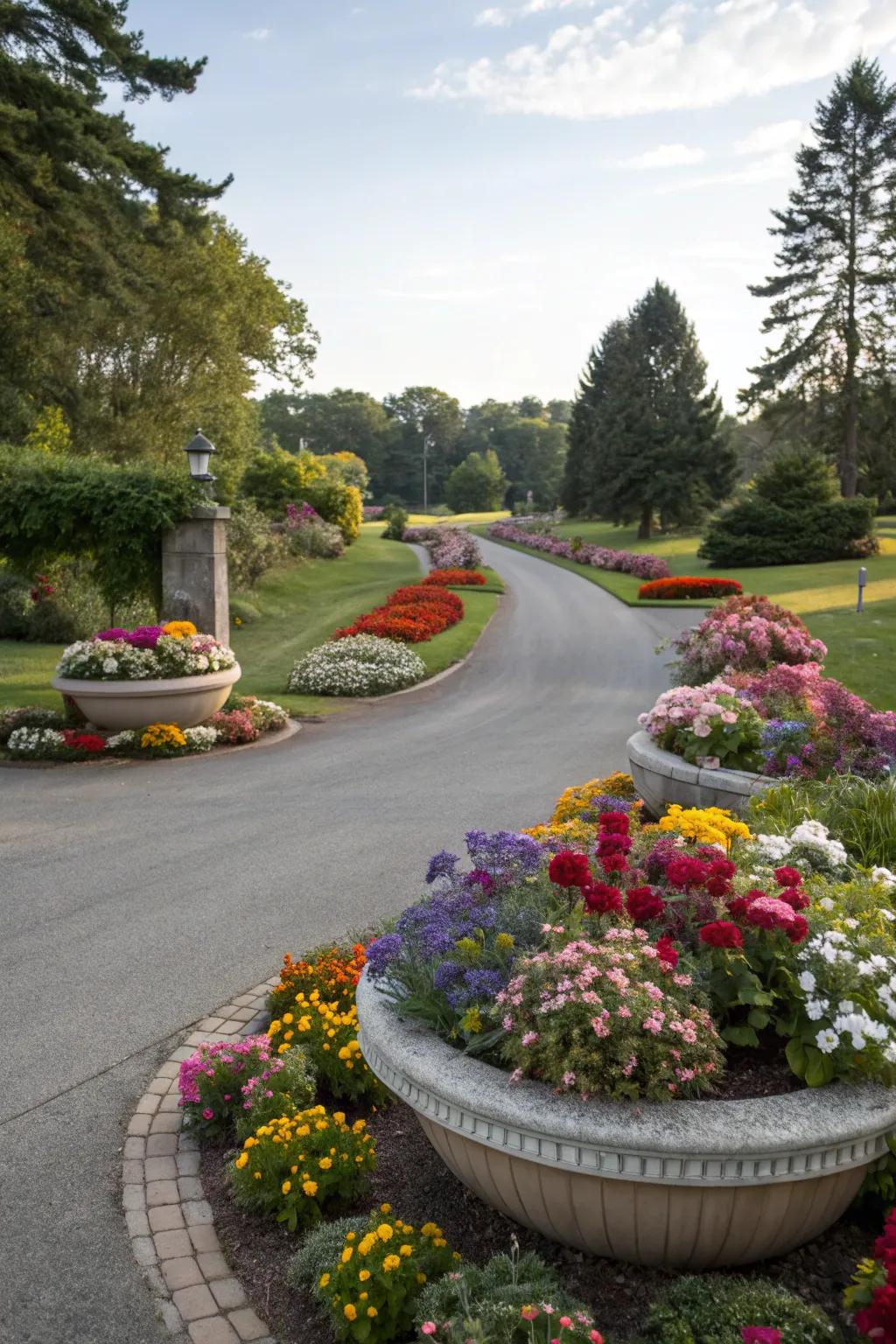 Circular flower beds infuse your driveway entrance with charm and a burst of color.