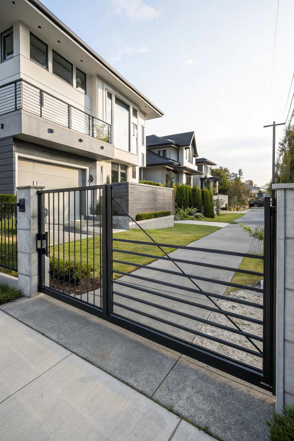 A streamlined metal gate accentuates the modern sophistication of this city dwelling.