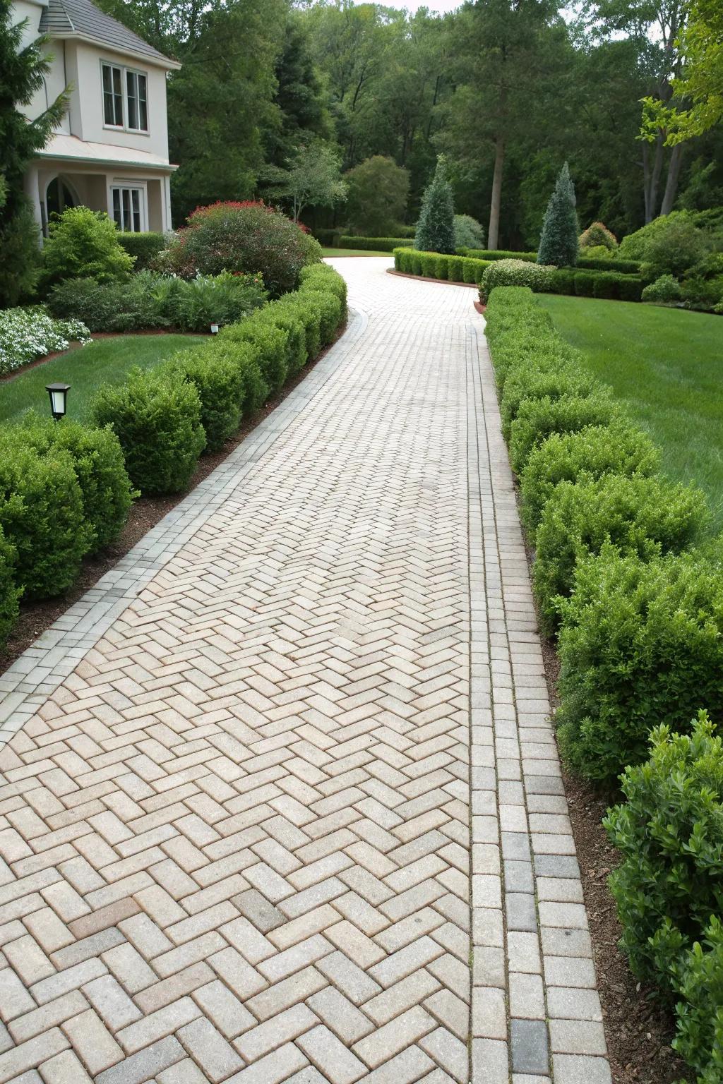 A herringbone-patterned driveway exudes elegance and appeal.
