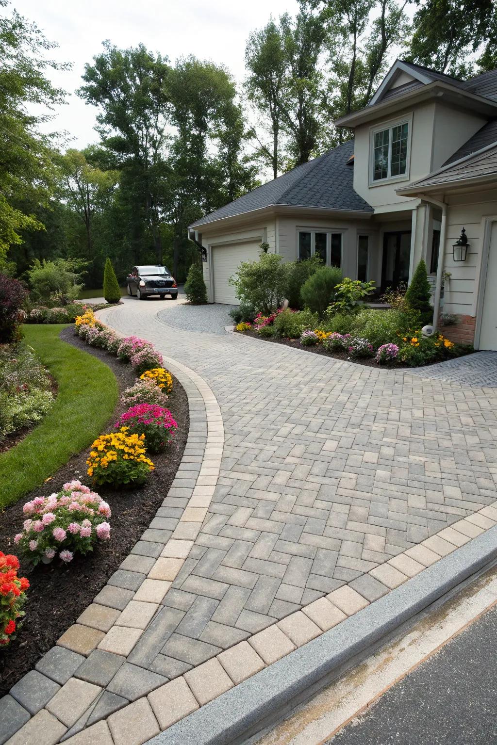 The classic herringbone paver pattern provides a timeless aesthetic to a contemporary driveway.