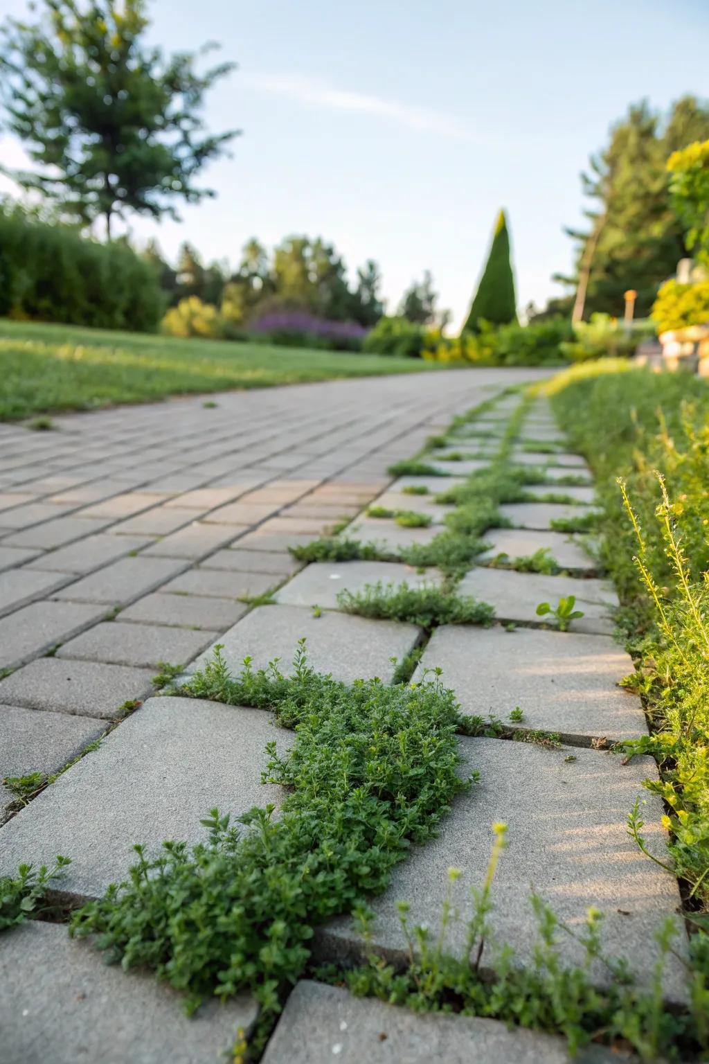 A classic paver pathway beautifully enhanced with vibrant green accents.