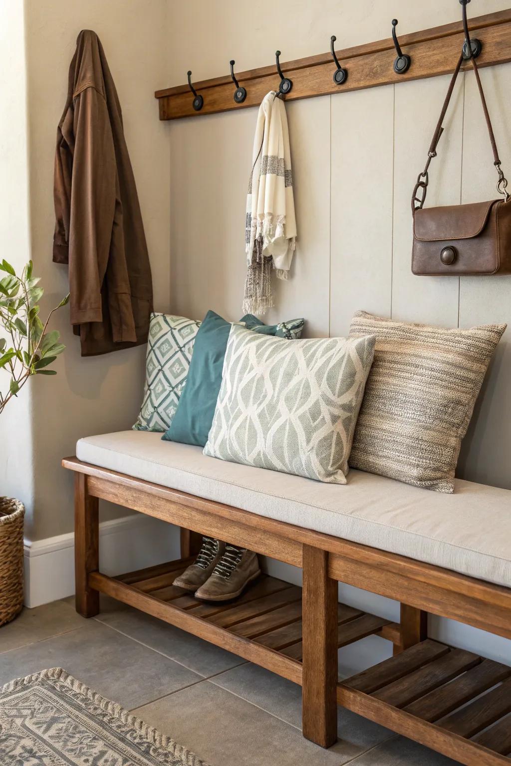 A cushioned bench makes for a welcoming drop zone.