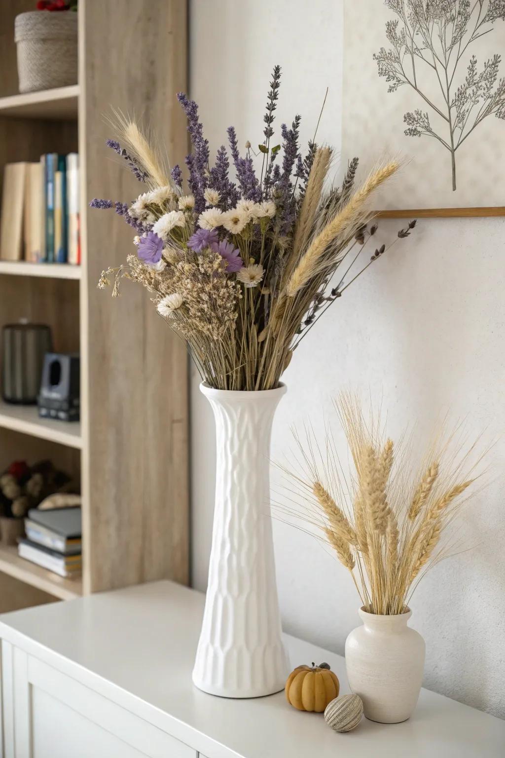 A simple yet elegant vase display with dried blooms.