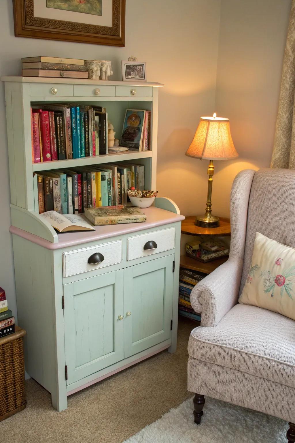 A classic reclaimed storage unit painted in color washes, ideal for a relaxation space.