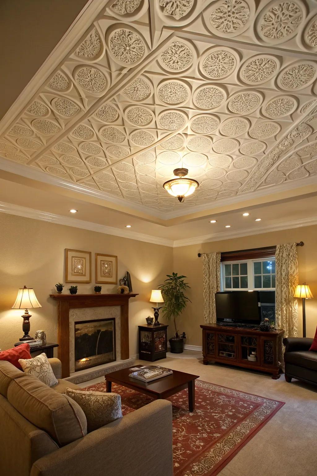 Geometric ceiling designs infuse your space with modern sophistication.
