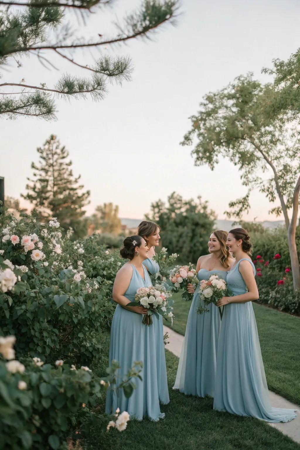 Bridesmaids beautifully styled in hazy azure dresses that enhance any wedding concept.