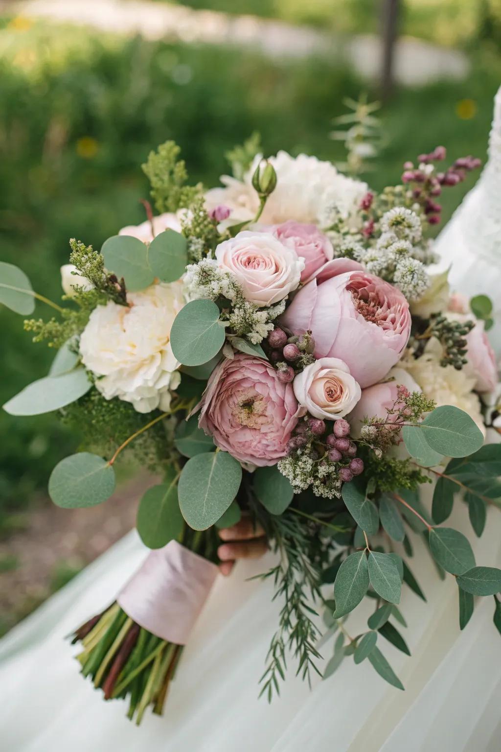 A captivating rosewood blush arrangement with abundant greenery.
