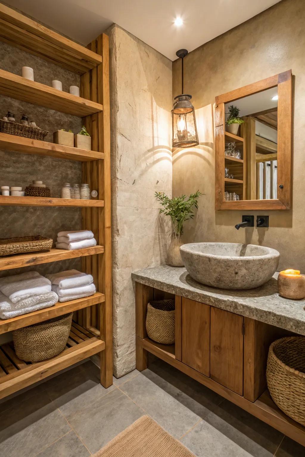 Organic elements like wood and stone lay the foundation for a grounded bathroom aesthetic.