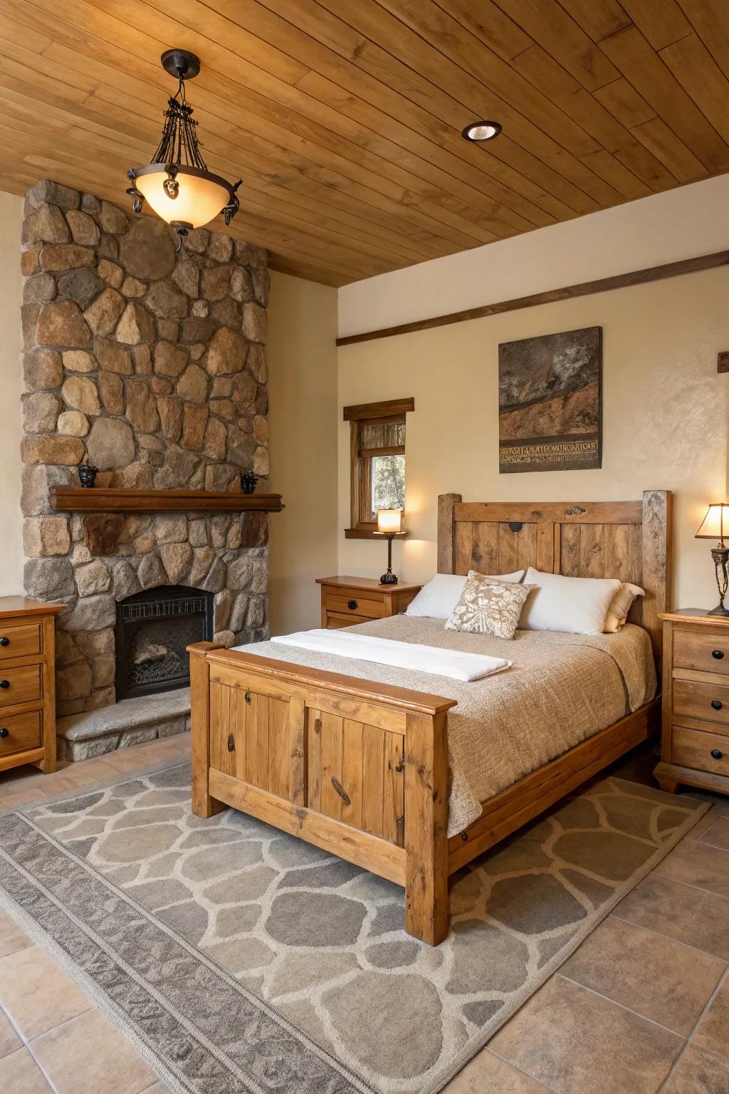 Natural elements such as timber and mineral rock foster a grounded atmosphere.