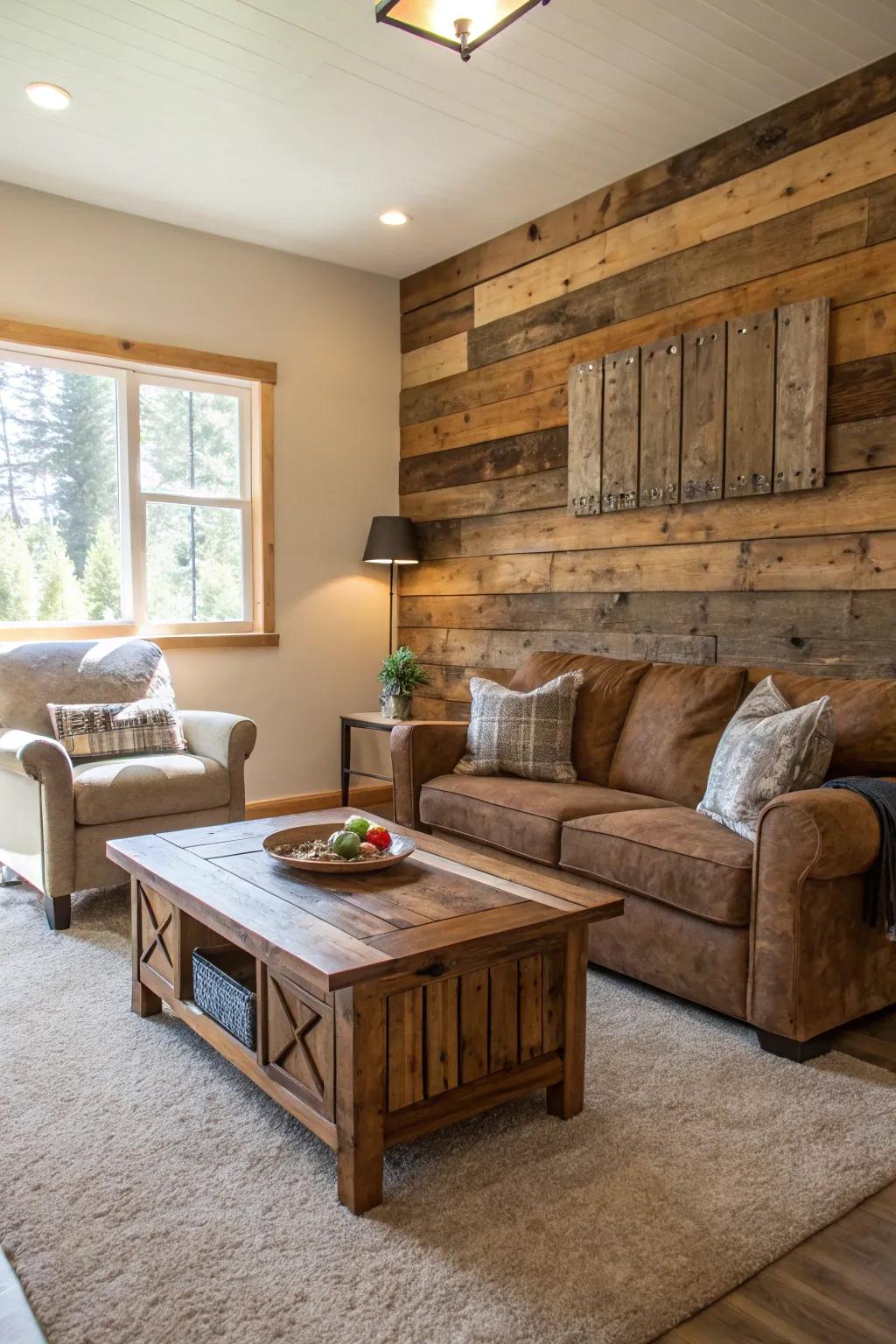 Living space showcasing furniture made from upcycled wood and a highlighted wall.