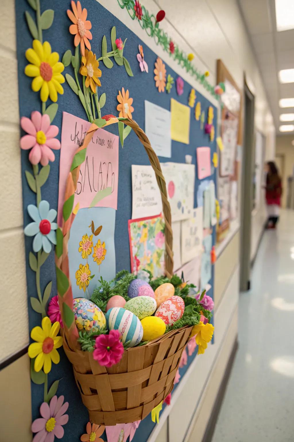 An Easter basket overflowing with colorful eggs and flowers.