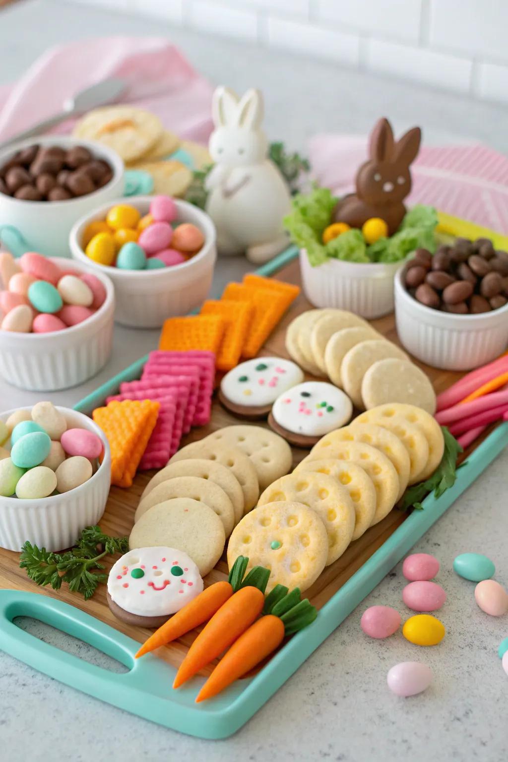 A charming Easter presentation featuring rabbit motifs with a selection of vibrant candies and treats.
