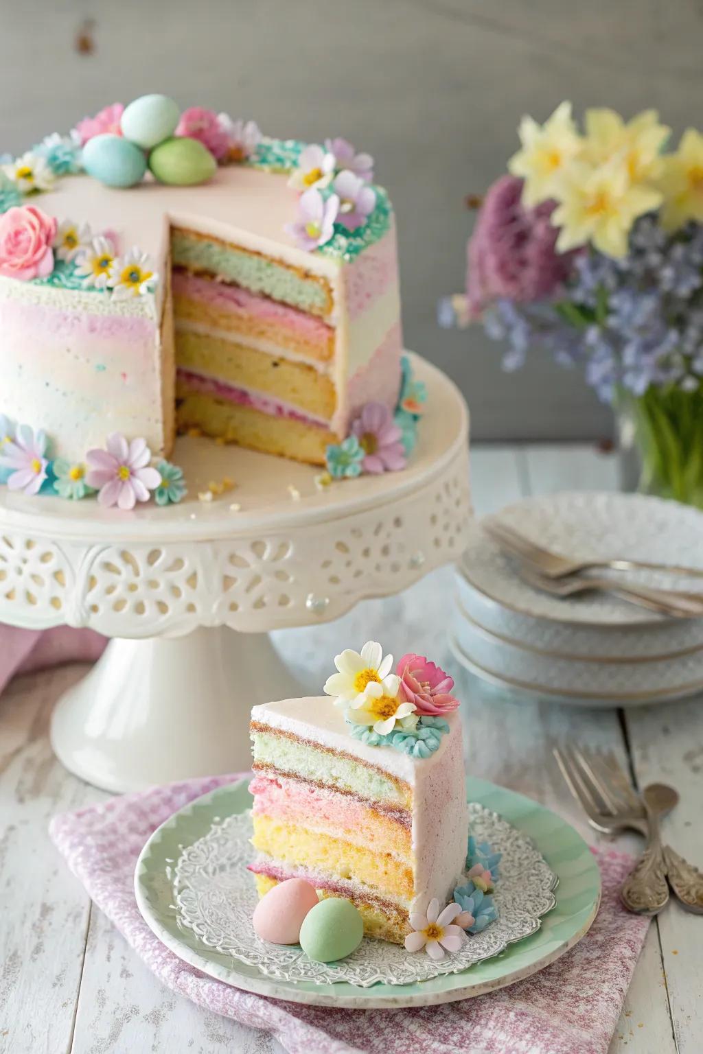 A lovely pastel rainbow cake, ideally suited for Easter celebrations.