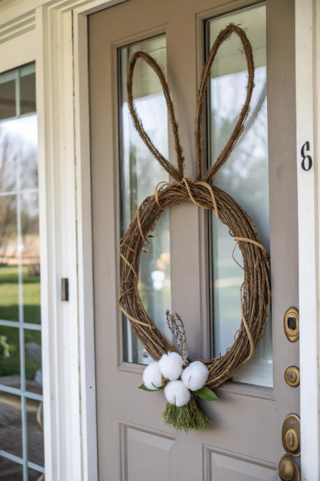 A delightful rabbit-shaped wreath brings Easter joy to your doorstep.