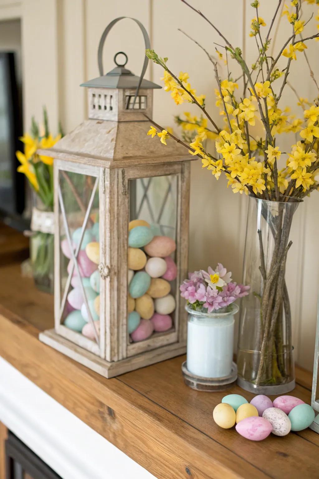 A timeless element with pastel Easter eggs nestled in a lantern.