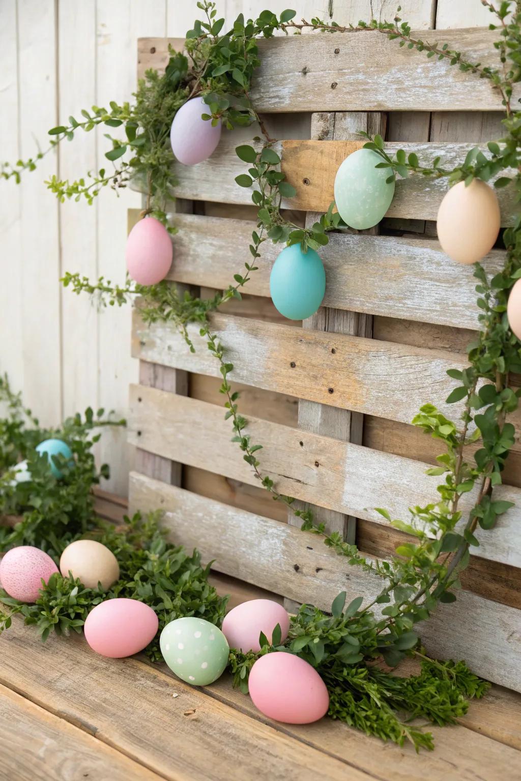 Aged wooden planks festooned with Easter decorations offer a delightful photographic backdrop.