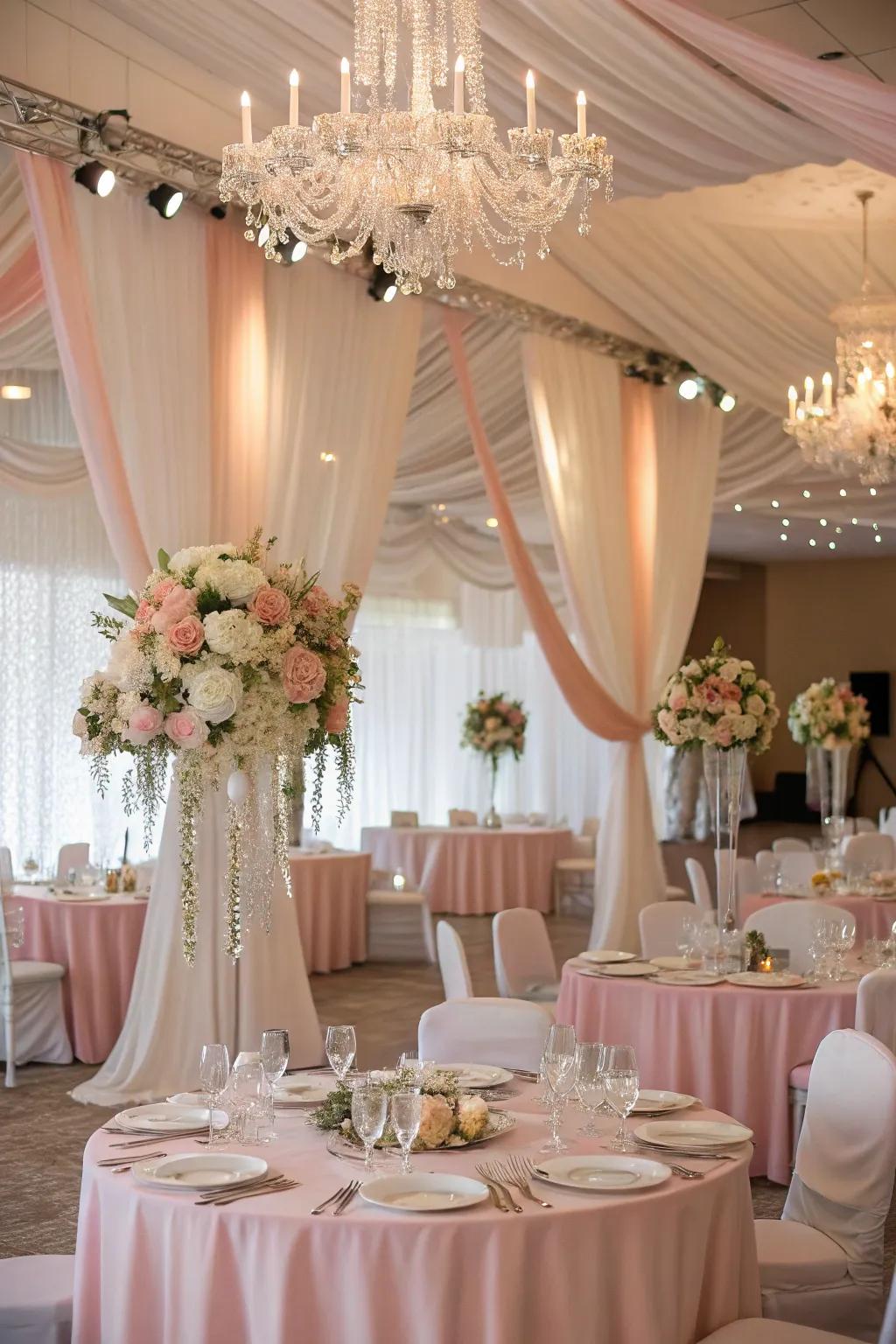 A wedding setting enhanced with delicate-colored fabrics and elegant table arrangements.