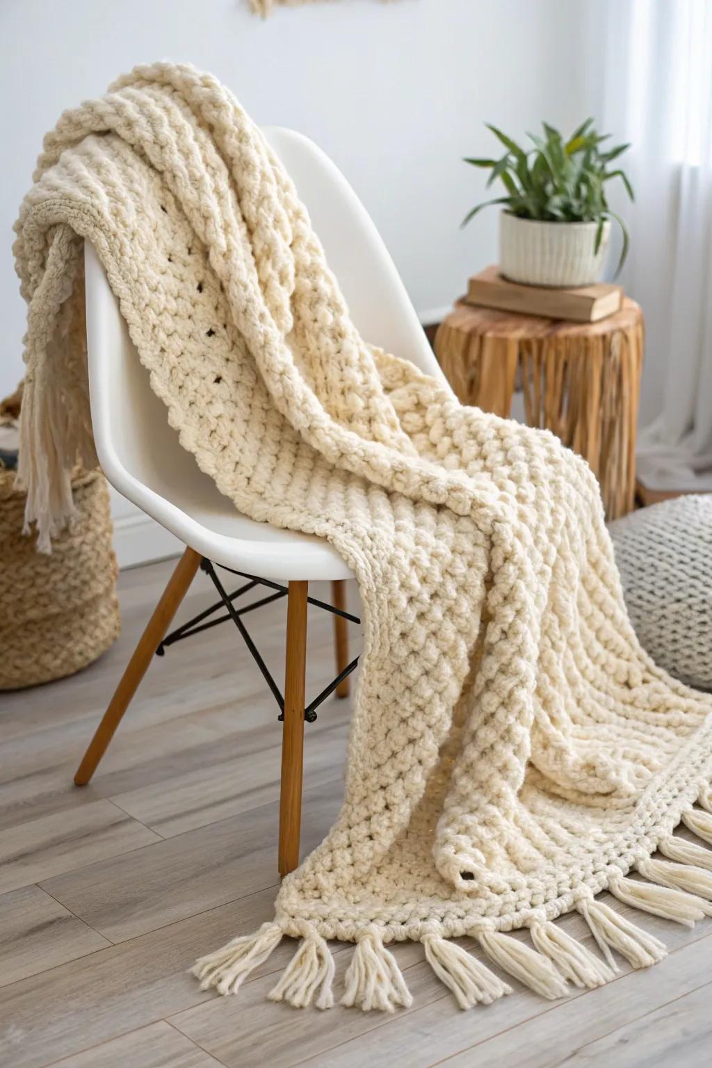 Settle in luxuriously with this bulky crochet blanket, where straightforwardness meets opulent relaxation.