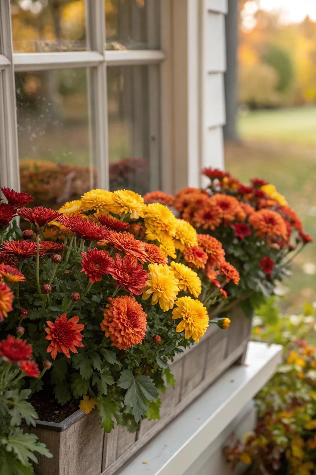 A vibrant display of mums in autumn colors.