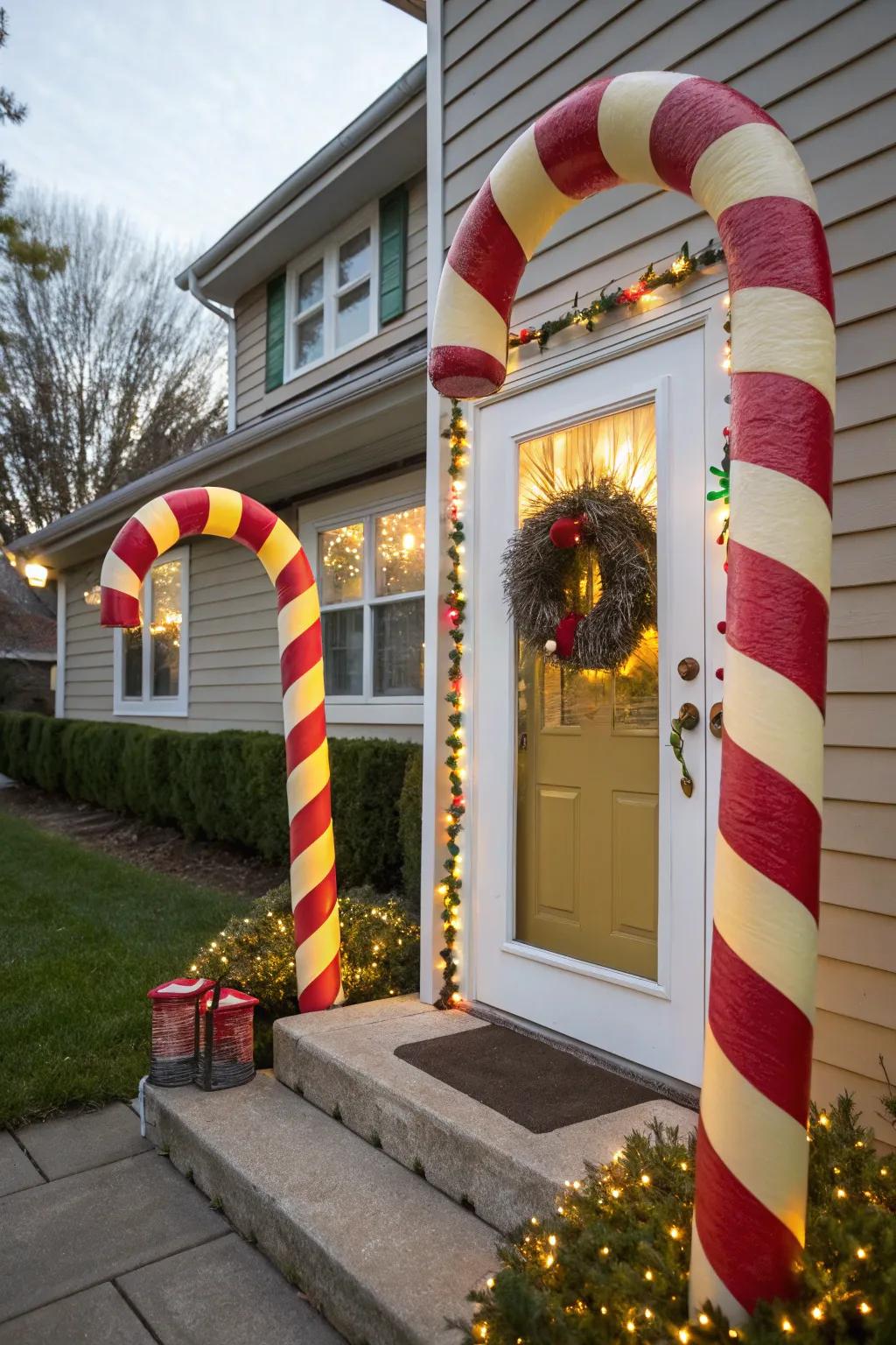 Flexible foam tubes transformed into candy canes create an enchanting door border.