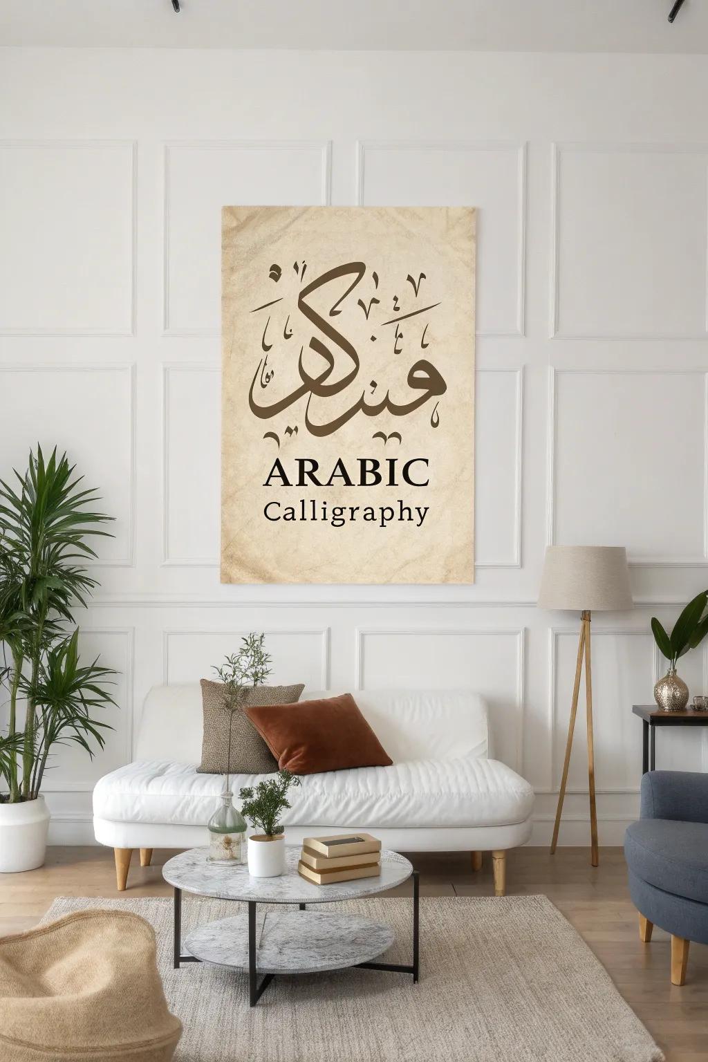 An Arabic calligraphy artwork introduces a straightforward yet impactful aspect to any setting.