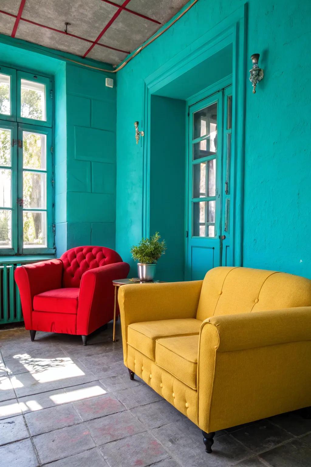 A room beautifully enhanced with bold turquoise accents and vibrant decor.
