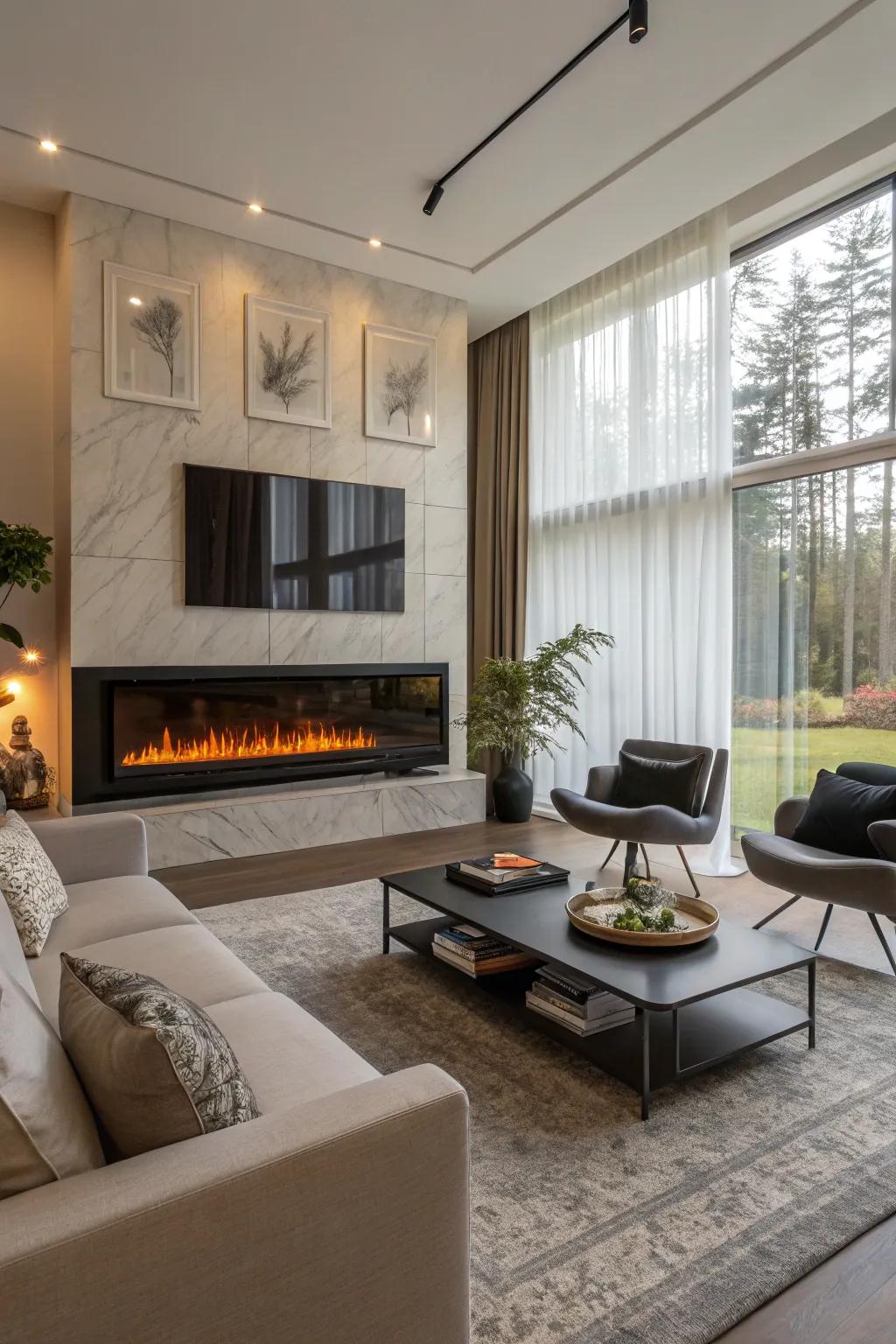An inviting modern living room highlighted by an electric fireplace.